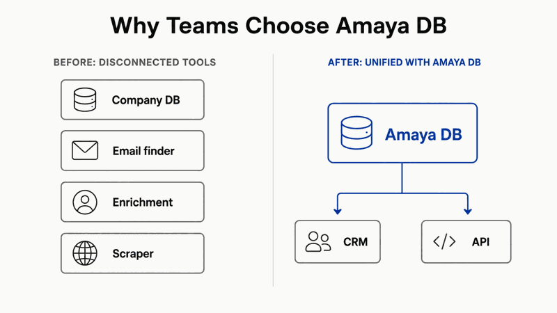 Disconnected company data tools consolidated into Amaya DB, which connects to a CRM and API